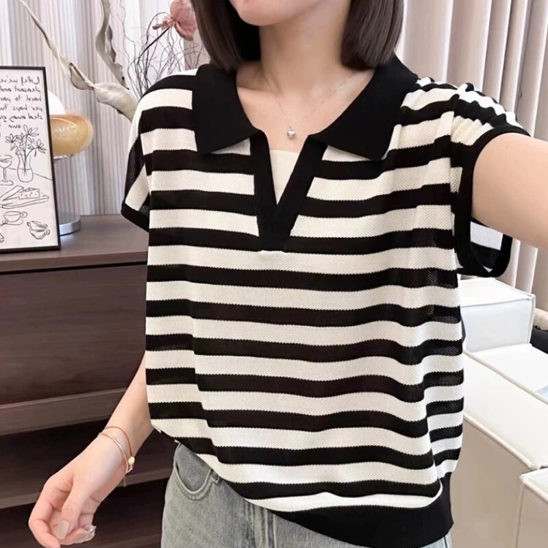 Fashion color matching striped POLO collar knitted ice silk short sleeve women's thin T-shirt base coat Tencel half sleeve summer