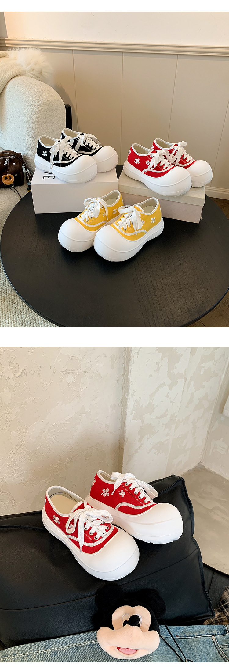Giày sneaker nữ chunky đế dày thêu hoa mùa xuân 2026 — màu đen, màu vàng, màu đỏ chi tiết 8