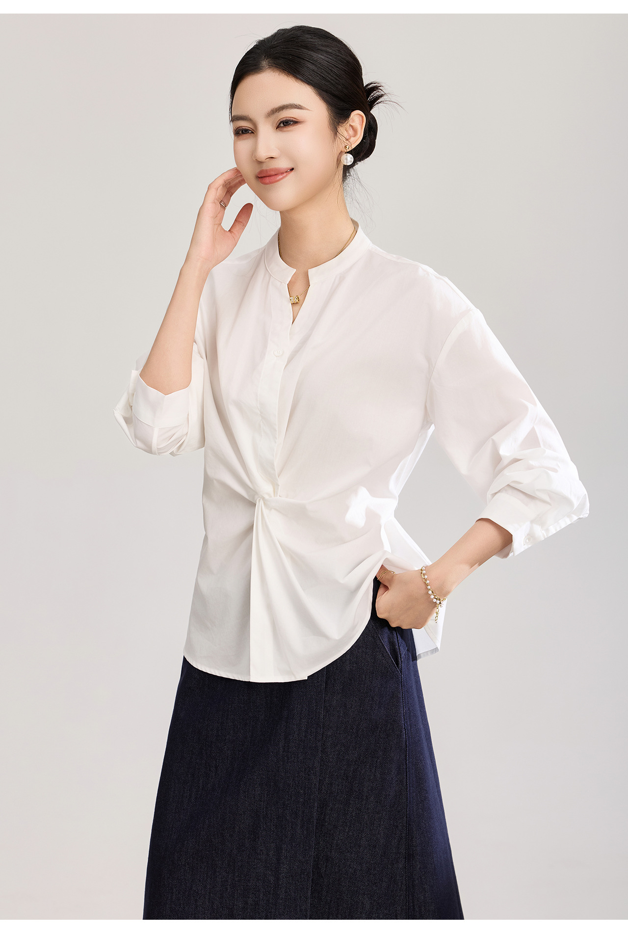 Áo sơ mi nữ dài tay chất lụa tencel phối xoắn thanh lịch — xanh lam chi tiết 20