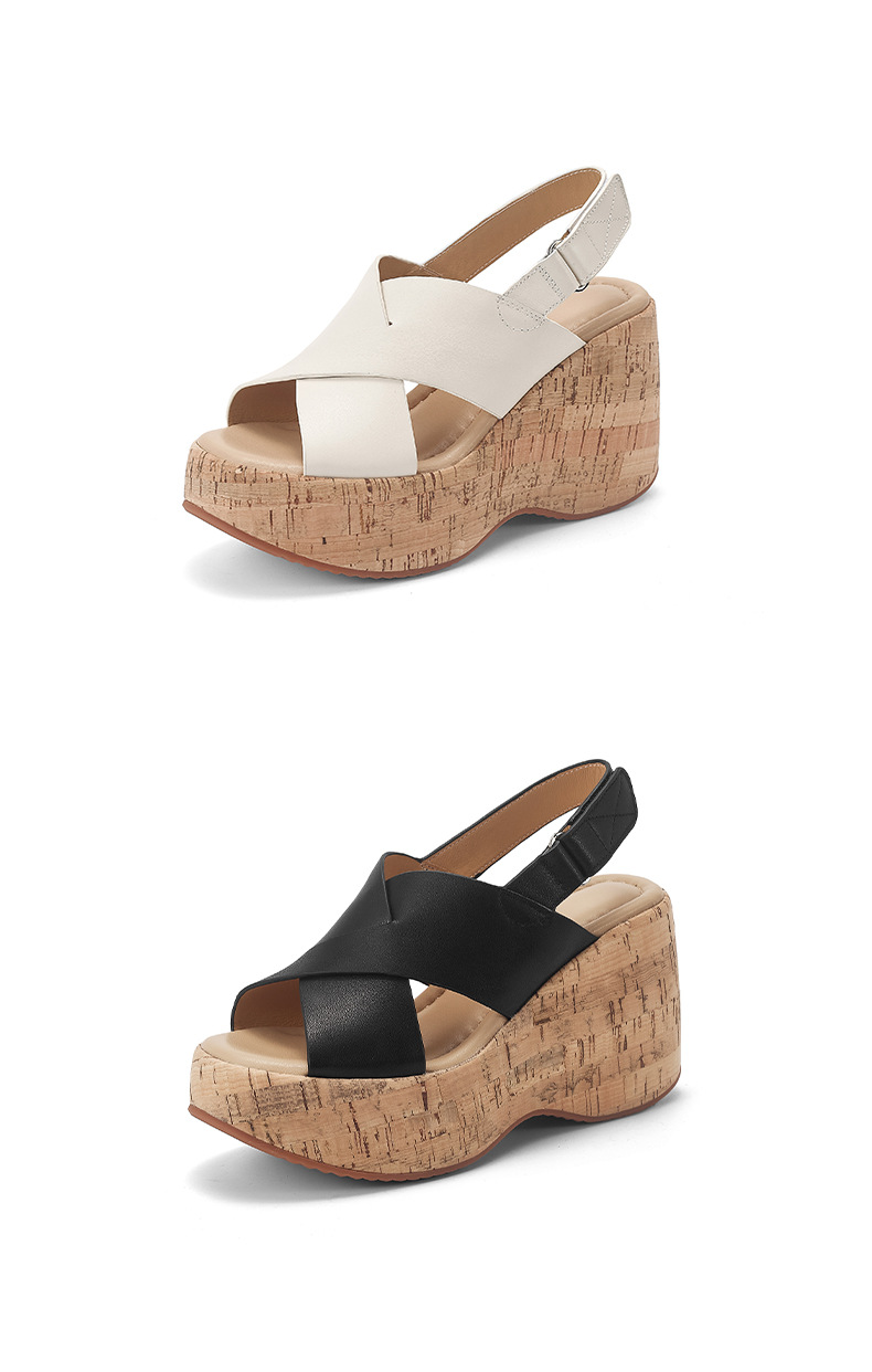 Sandal cao gót nữ quai chéo hở mũi đế xuồng 10cm da bò thật phong cách La Mã — màu đen, màu trắng ngà chi tiết 14