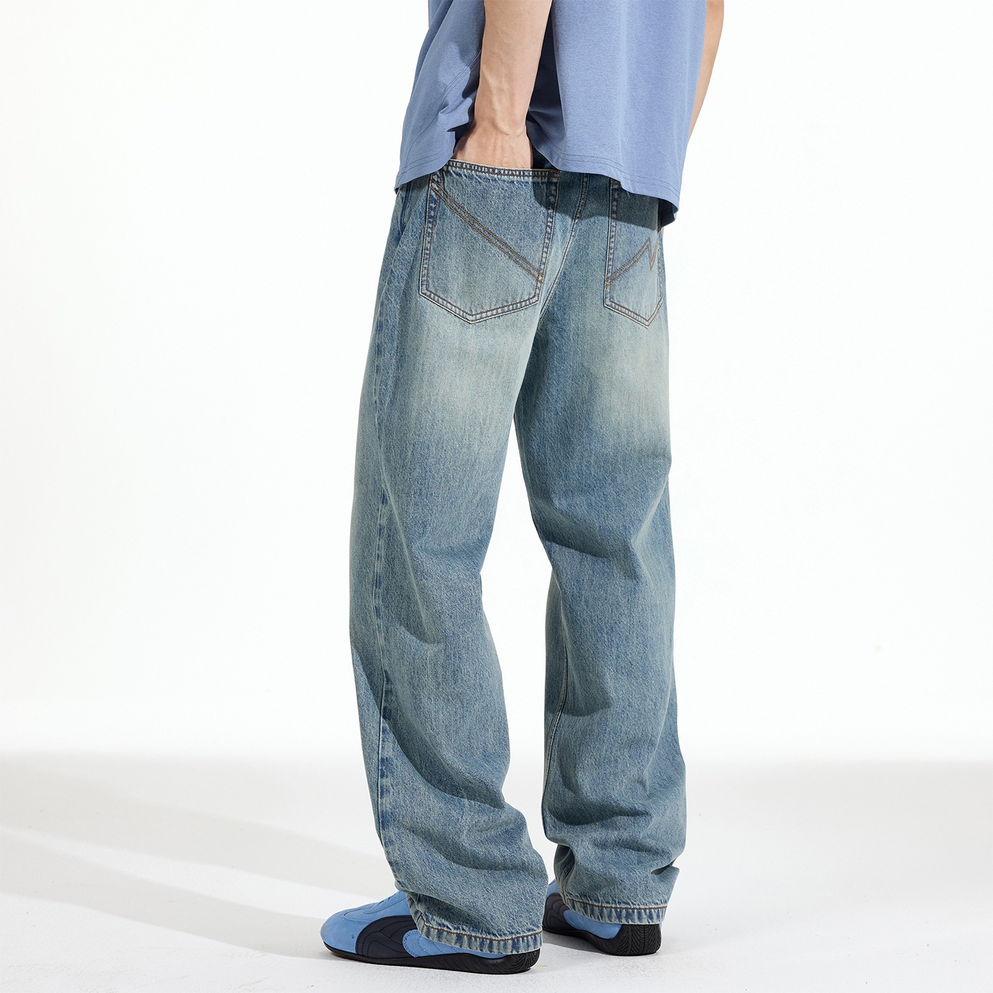 Pantalones Jeans Rectos Estilo Retro para Hombre de Algodón Lavado Corte Holgado para Ocio