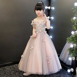 一字肩女童婚纱主持人儿童生日晚礼服公主裙花童钢琴演出服长裙女