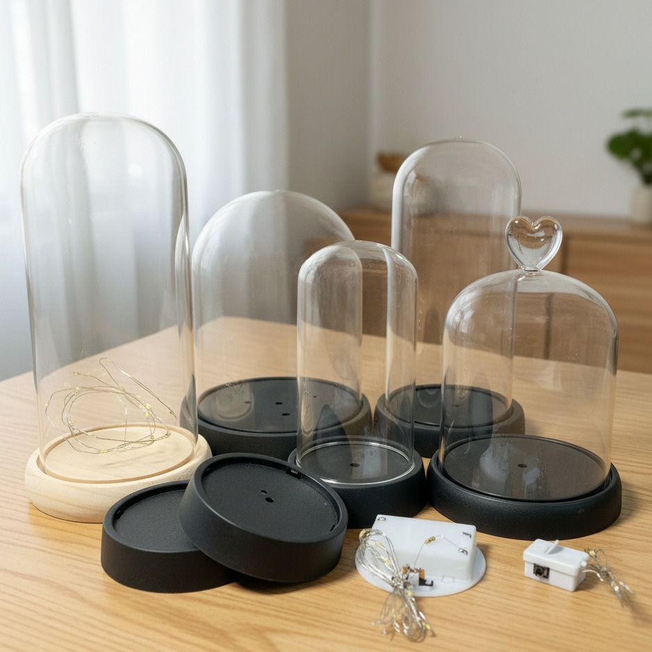 Flor inmortal cubierta de vidrio cubierta de acrílico cubierta de plástico transparente semicircular flor seca base a prueba de polvo con lámpara DIY material