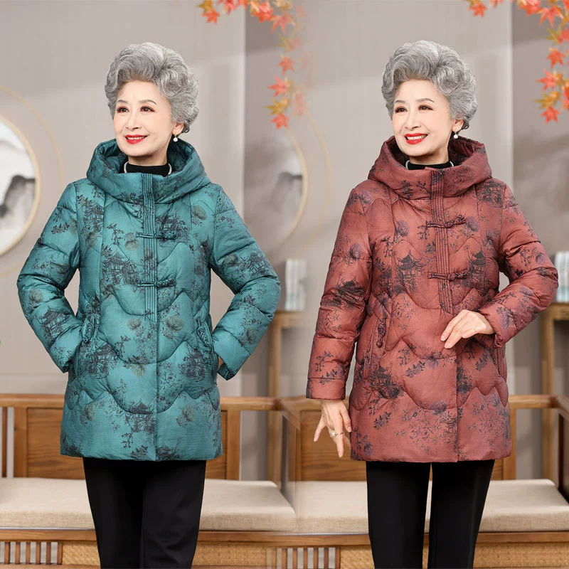 Новый Зимний пуховик с принтом бабушки, Женская Съемная шапка среднего и пожилого возраста, теплая куртка на белом утином пуху, одежда для пожилых людей