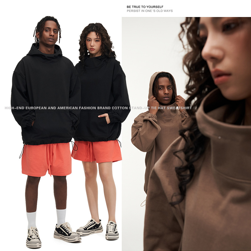 潮牌男士高領帽衫純棉寬鬆大版落肩歐碼大牌帽衫衛衣男女款慵懶