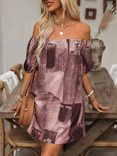 Women's 2025 Summer Cross-Border New Print Denim-Style Fashion Casual Vacation Lantern Sleeve Dress