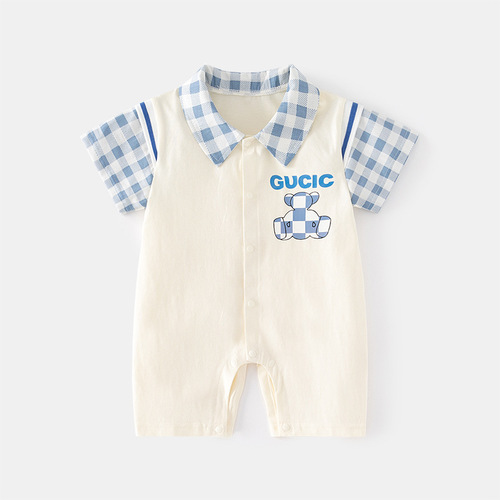 Baby summer short-sleeved jumpsuit, baby ultra-thin air-conditioning suit, summer harem, newborn open crotch thin crawl suit