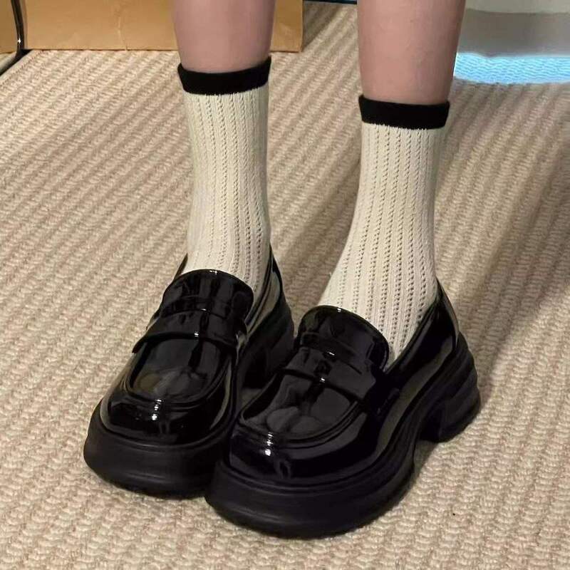 34-46 Large Size Women's Shoes, Black Leather Shoes, British Style Retro Jk Uniform Shoes, 41 Size Height-Increasing Thick-Soled Loafers