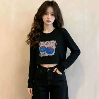 韩系时尚小番茄印花长袖T恤女松弛休闲百搭显瘦轻薄防晒罩衫上衣