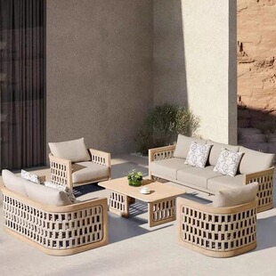 Nordic Outdoor Sofa Combination Villa Open-Air Balcony Teak Rattan Chair Garden Leisure Outdoor Solid Wood Furniture