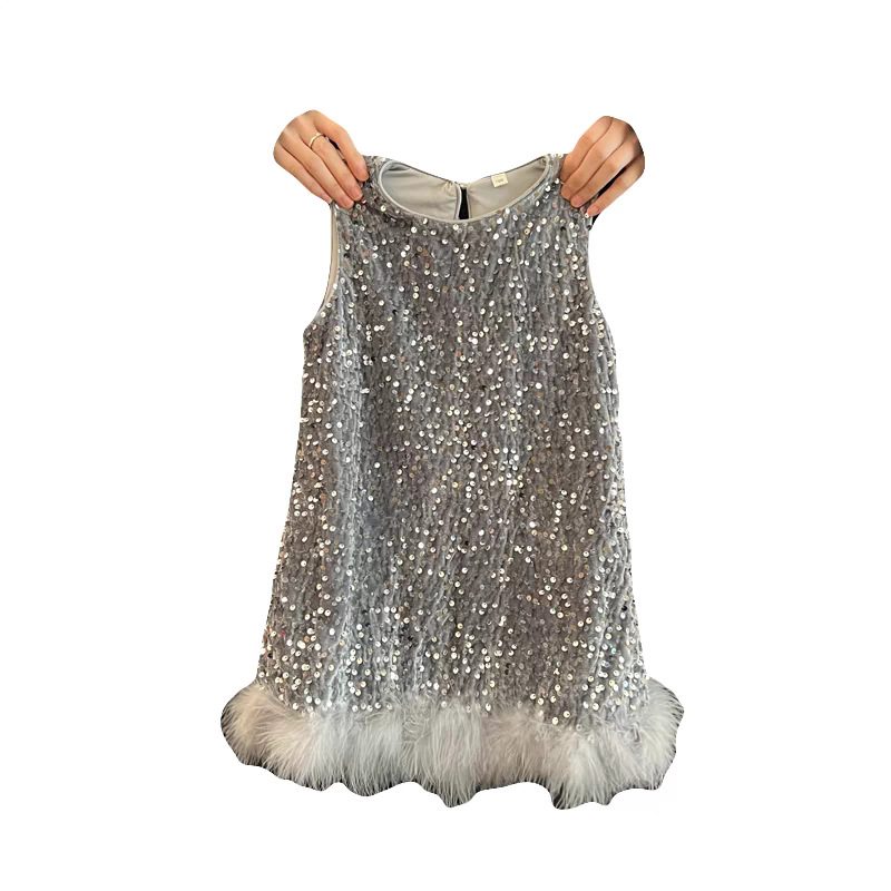 Ropa de marca infantil 2025 primavera nuevo vestido de niña niño de alta sensibilidad chaleco de plumas vestido vestido princesa