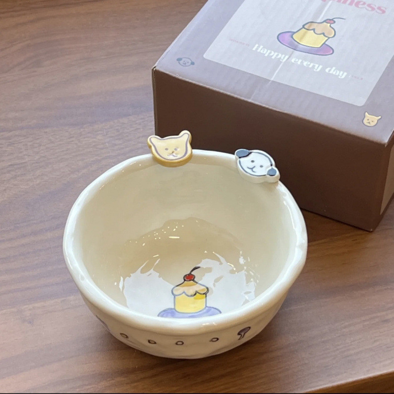 韓国ボタン子犬漫画セラミック家庭用丼フルーツボウル朝食ボウルペットボウル手描き釉下色ディープ LL|undefined