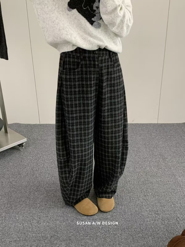 苏珊 2025秋季新款韩系百搭格子慵懒风阔腿裤休闲弯刀裤女DS292|undefined