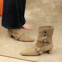 813-1 style retro design fashion boots women's small square head belt buckle niche fashion mid length boots women's boots