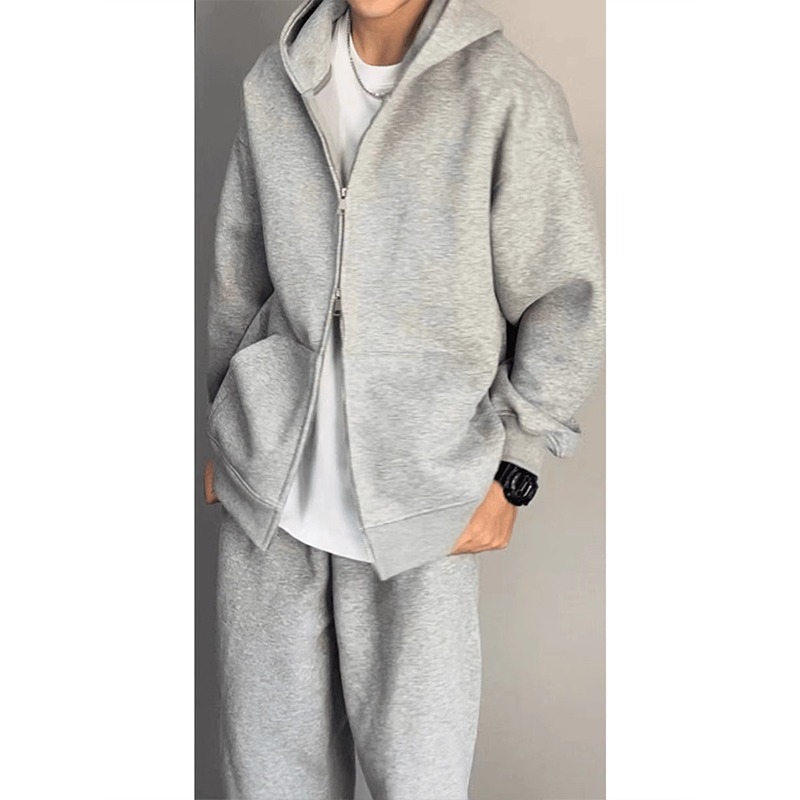 더블 지퍼 후드 카디건 스웨터 남자 커플 무거운 단단한 봄과 가을 미국 하이 스트리트 패션 브랜드 솔리드 컬러 캐주얼 자켓