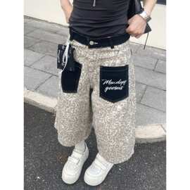 原创复古豹纹长裤口袋高街美式直筒设计垂感牛仔裤女秋季