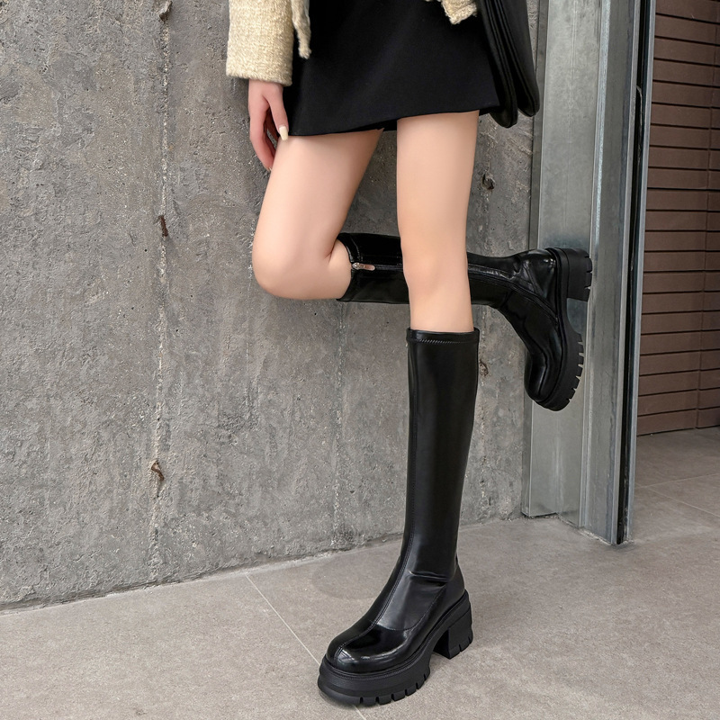 Small Large Long Legs Increased Thick Bottom High Barrel Thin Boots 2024 Winter High Heel Round Head Elastic Small Barrel Long Boots for Women