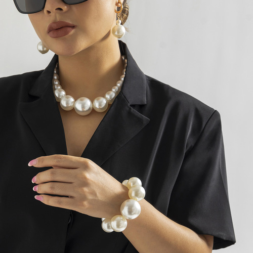 European and American cross-border jewelry, cold style, simple geometric bead necklace, exaggerated imitation pearl bead necklace for women