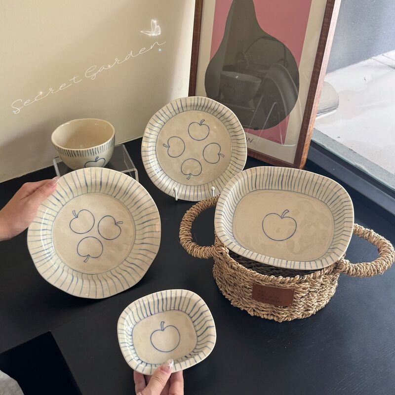 Cross-Border Japanese-Style Retro Underglaze Ceramic Apple Dinnerware Set Hand-Painted Striped Bowls, Plates, and Cups for Home Breakfast Use Cross-Border Japanese-Style Retro Underglaze Ceramic Apple Dinnerware Set Hand-Painted Striped Bowls, Plates, and Cups for Home Breakfast Use