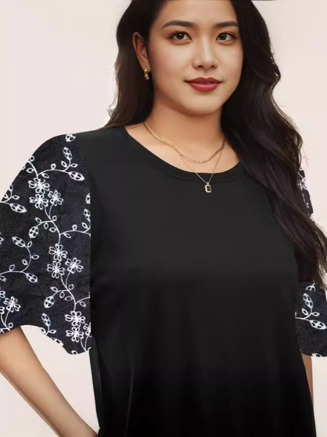 2024 Europa y los Estados Unidos de verano nueva ropa de mujer impresión de gran tamaño de costura de cuello redondo mangas cortas cómodas camisetas casuales transpirables image 5