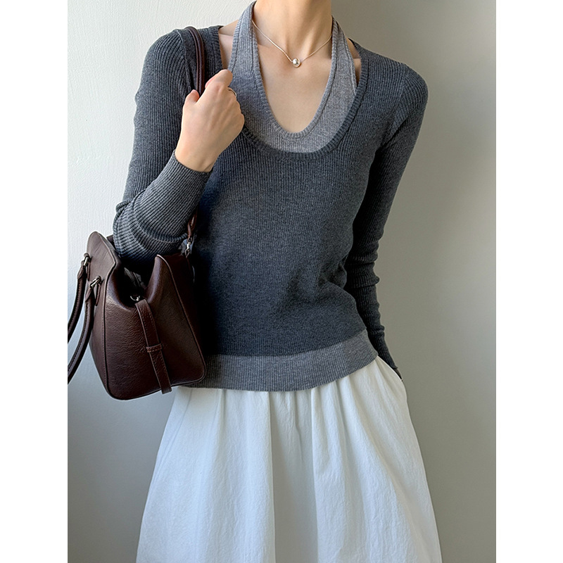 Orange-Colored Non-Returnable Non-Exchangeable Faux Two-Piece Long-Sleeve Knitted Sweater V-Neck Knitwear 931 Clearance Sale In-Stock Fast Shipping