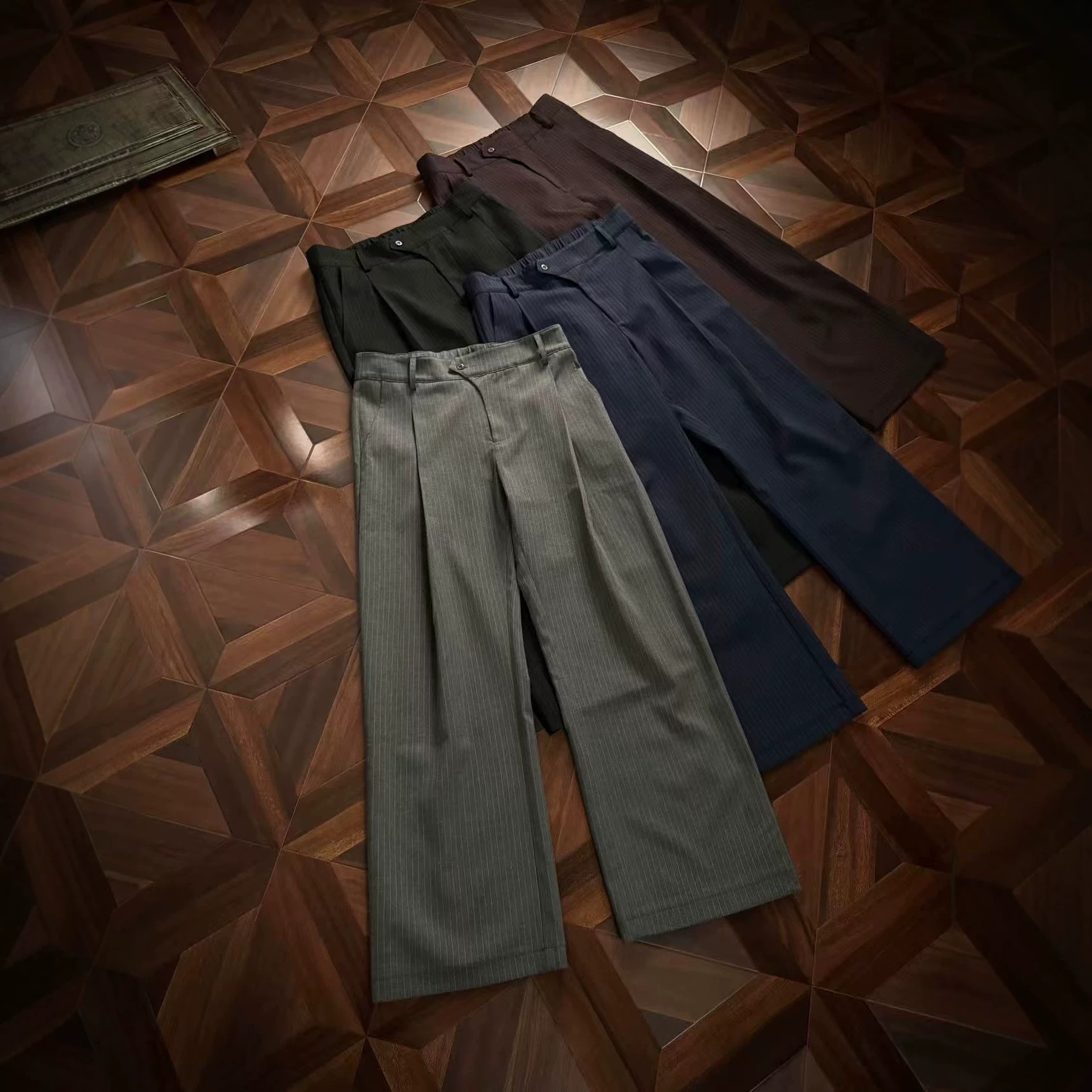 High-Quality American-Style Spring-Summer Tr Blend Textured Striped Old Money Casual Loose Drape Straight-Leg Casual Trousers