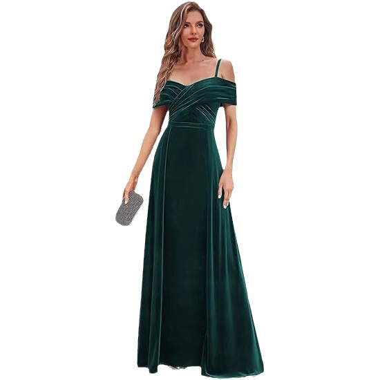 AliExpress Cross-Border Velvet Bridesmaid Wedding Dress Shoulder-Shoulder Ball Gown Long Slim-Fit Formal Evening Gown