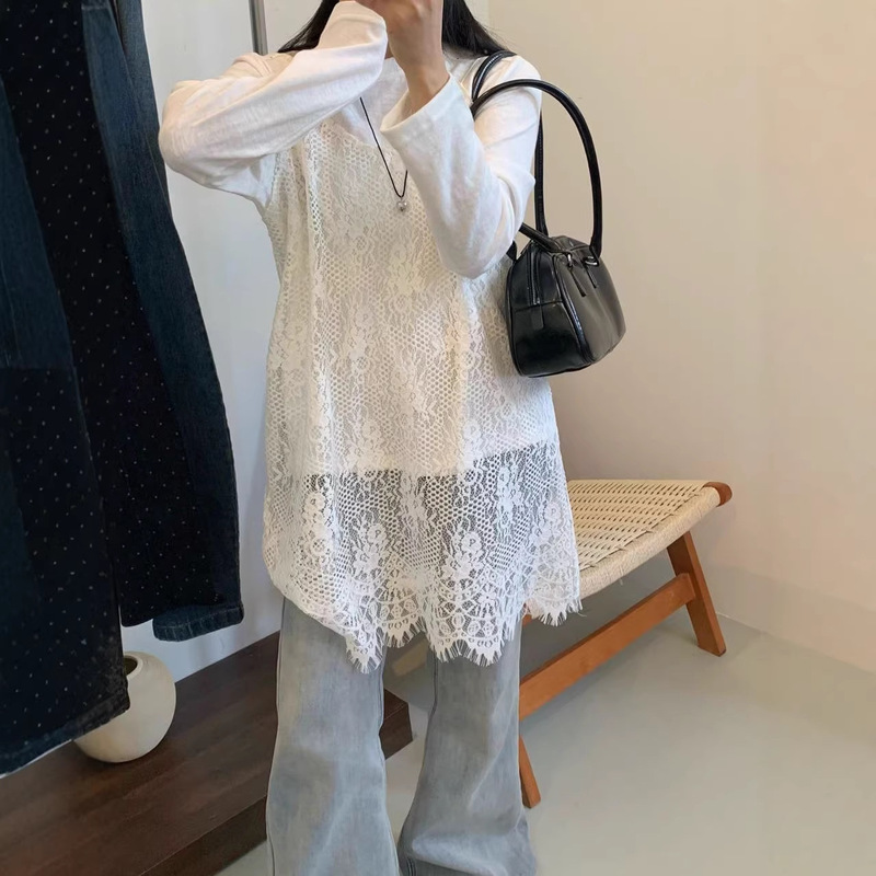 Lace Blouse for Women, Hollow-Out Crochet Layered Dress, Stylish Top, Long Women's Fashion Blouse, Elegant and Versatile Cover-Up