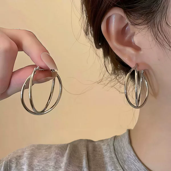 Double-Layered Cross-Circle Earrings, New Style, Unique Temperament, Simple and Cool Style, High-End Feel, Niche and Versatile Plain Hoop Earrings
