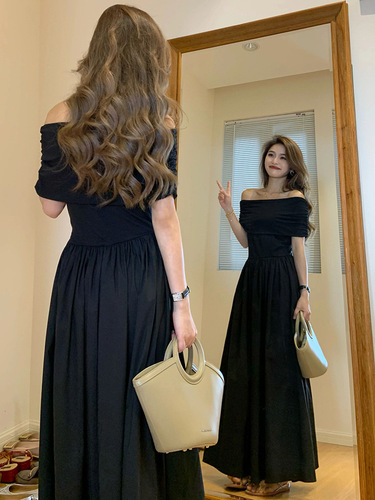 668 Women's Black One-Shoulder Dress 2025 High-End Elegant Shoulder-Strap Body-Con Long Dress Bustier Dress
