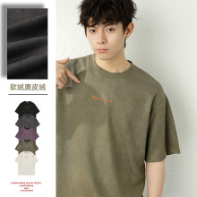 潮牌撞色印花麂皮绒短袖T恤男夏季新款美式复古情侣宽松圆领体恤q