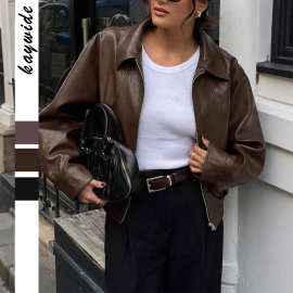 迪芸跨境欧美休闲度假风长袖夹克皮外套女装2025秋冬亚马逊独立站