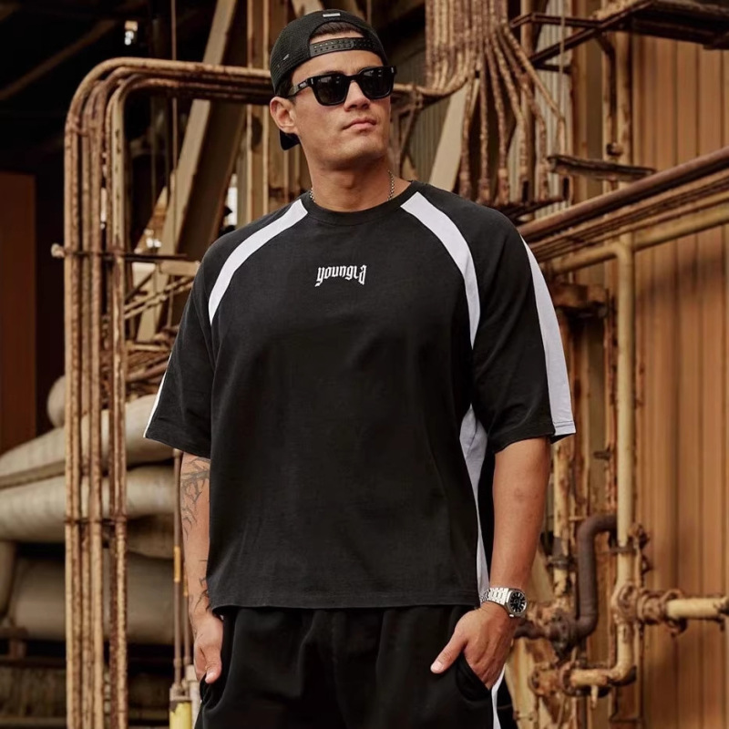Youngla New Men's Patchwork T-Shirt Jogger Muscle Sports Fitness Quick-Drying Breathable Casual Trendy Short-Sleeved Shirt