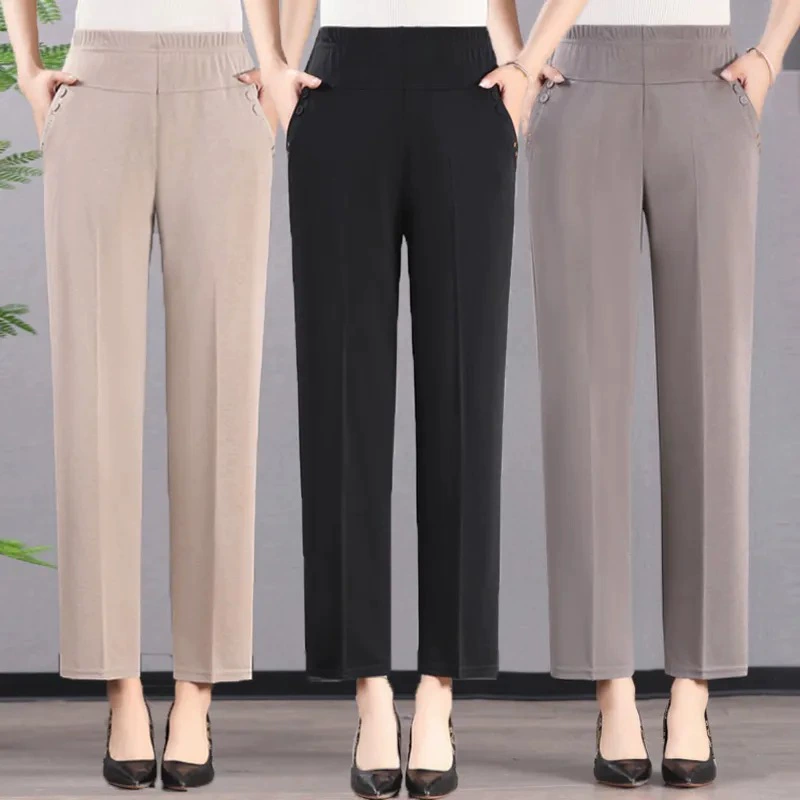 Летние тонкие ледяные шелковые брюки мамы эластичные брюки с высокой талией повседневные брюки свободные девятиочковые женские брюки среднего и пожилого возраста прямые брюки