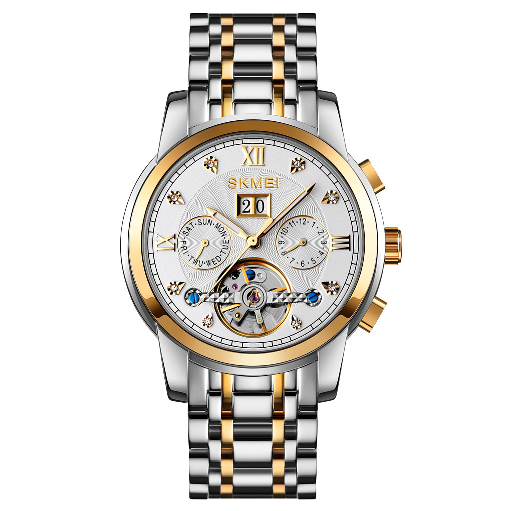 Momento de los relojes mecánicos huecos de volante calendario multifuncional impermeable relojes de pulsera de hombre comercio exterior lote mixto lote personalizado