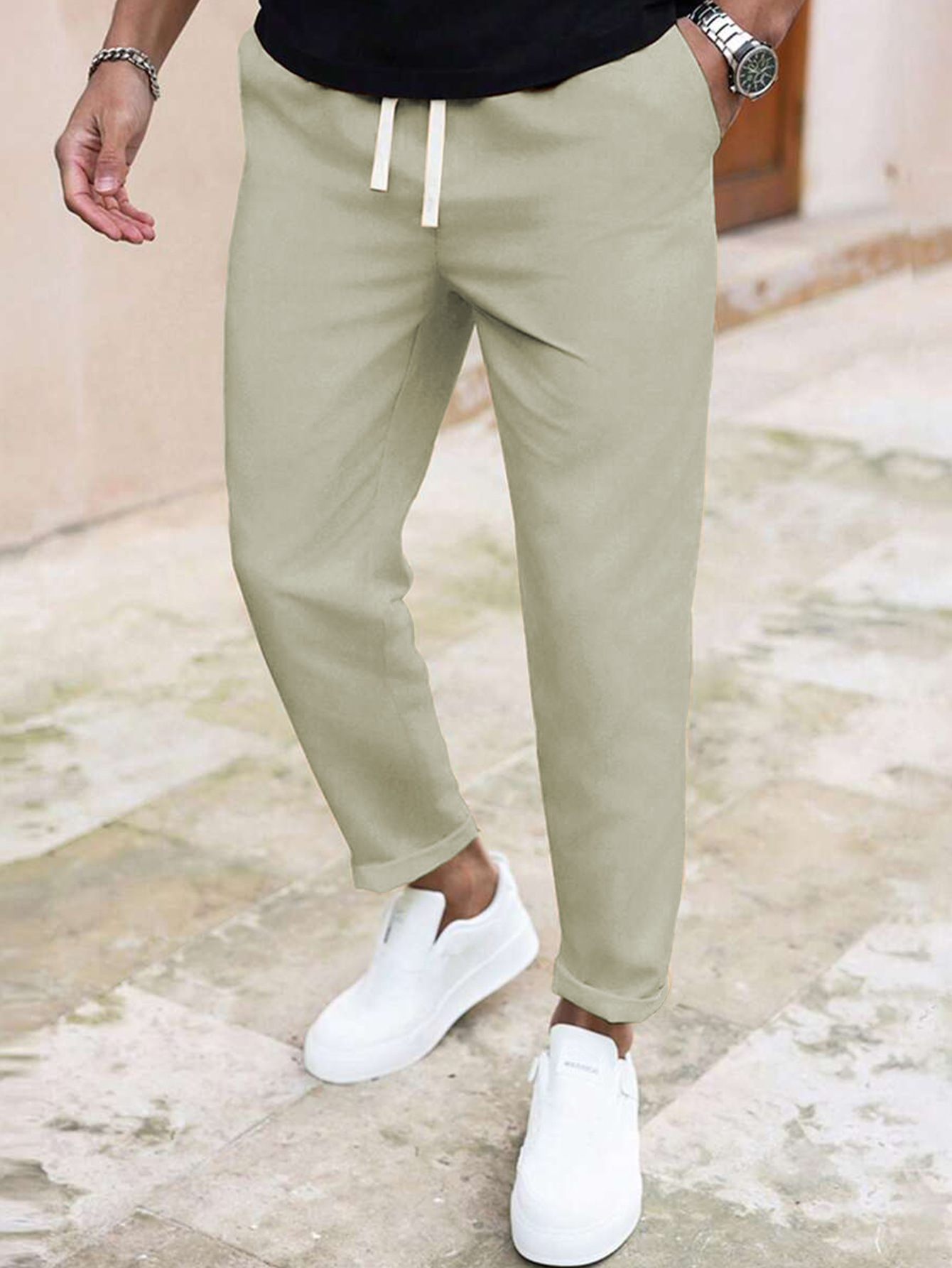 ​​"Men's Slim Fit Casual Pants - Solid Color Drawstring Waist, Lightweight Polyester For Everyday Comfort & Street Style"​​_viptrois.com