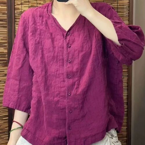 2025 New Solid Color Cotton Linen Loose Top Literary and Elegant Casual Seven-Sleeve Open Shirt Blouse T-Shirt for Women