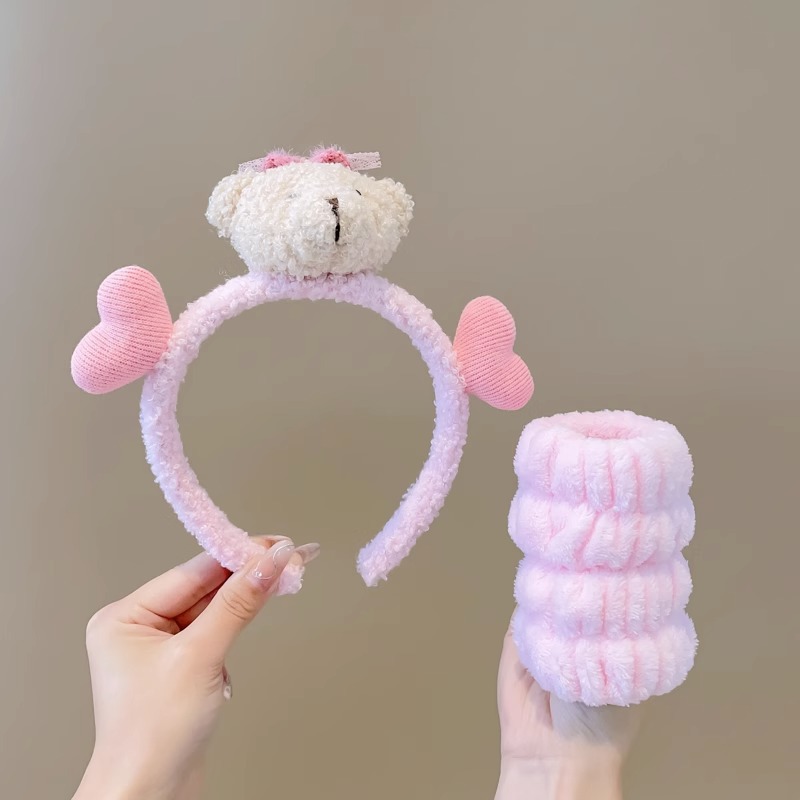 Lindo Rosa lavado de cara banda de pelo de las mujeres a prueba de humedad banda de muñeca banda de pelo absorbente de tres piezas conjunto máscara facial diadema especial