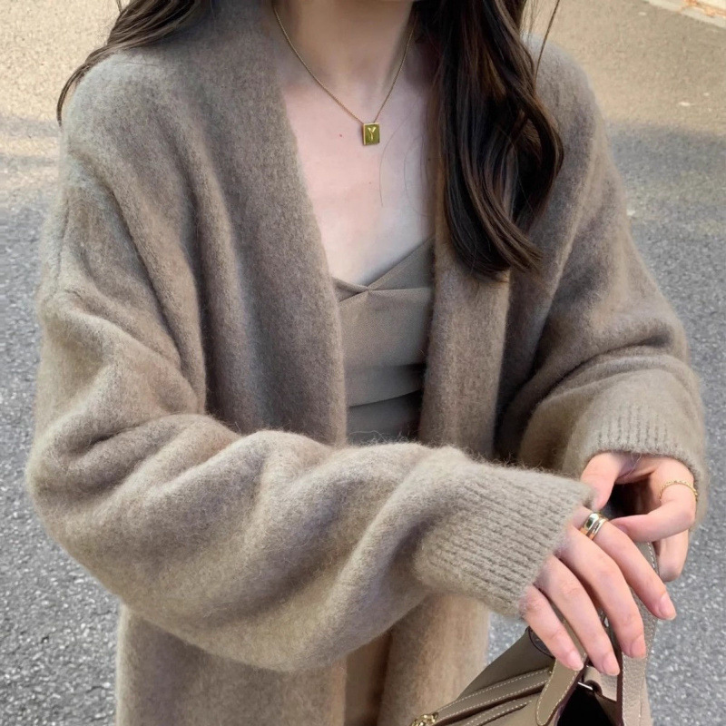 纯色中长款宽松过膝毛衣外套纯色新款慵懒温柔加厚针织开衫大衣女|undefined