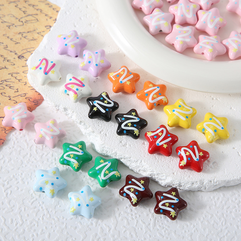 Colorful Painted Lucky Star Printed Five-Pointed Star Beads Handmade DIY Material Mobile Phone Chain Bag Hanging Loose Beads Accessories Colorful Painted Lucky Star Printed Five-Pointed Star Beads Handmade DIY Material Mobile Phone Chain Bag Hanging Loose Beads Accessories