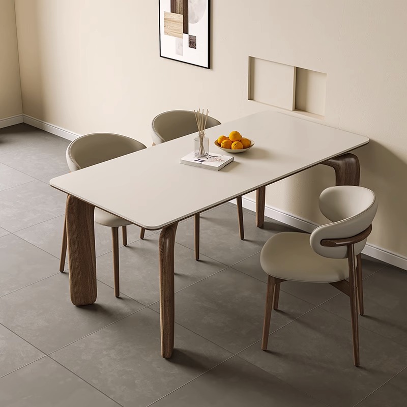 Mesa de Comedor Nórdica de Madera Maciza Rectangular para el Hogar, Color Nogal, Estilo de Losa de Roca de Madera de Fresno Blanco Mate de Lujo Ligero