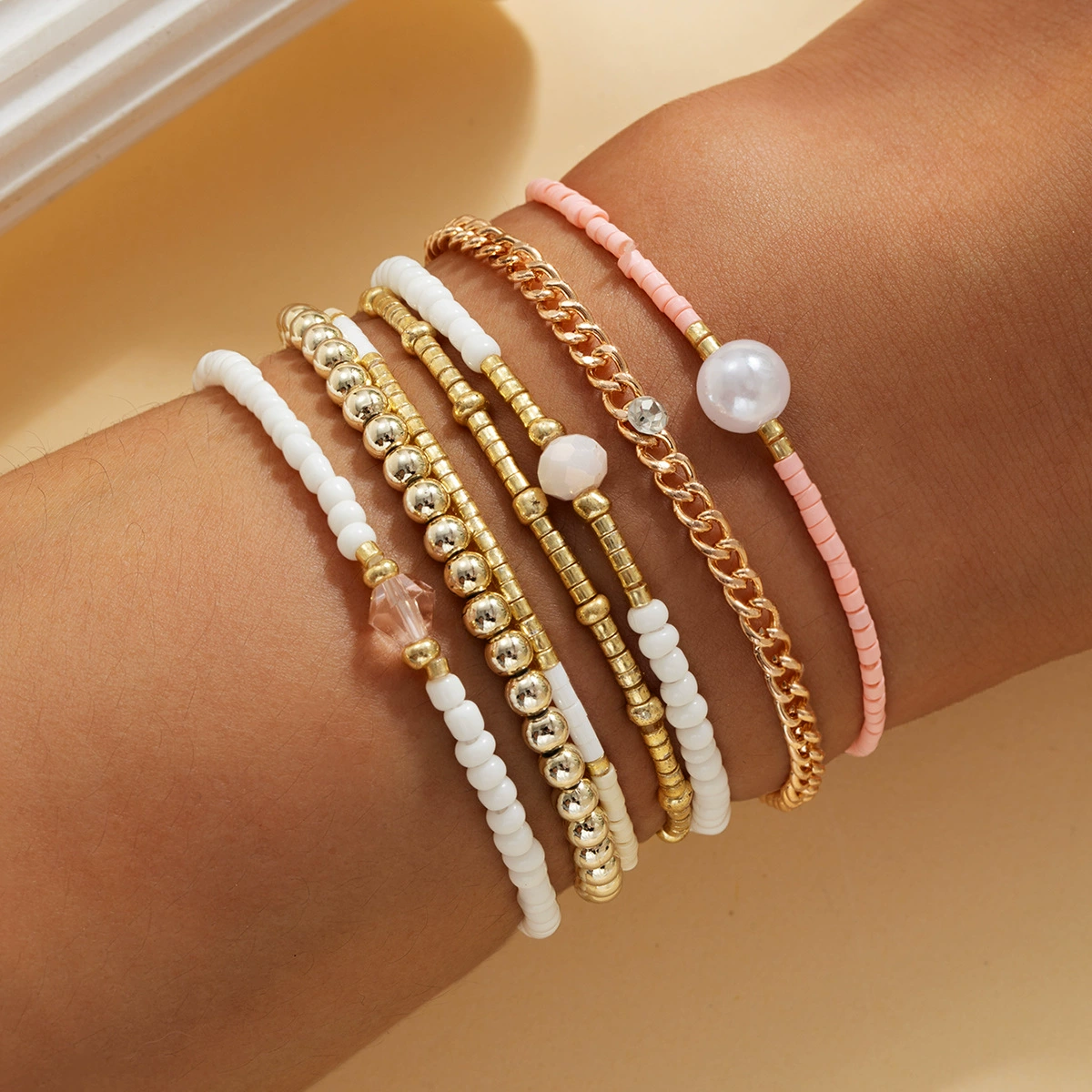 Elastic bracelet pearl, set, boho style
