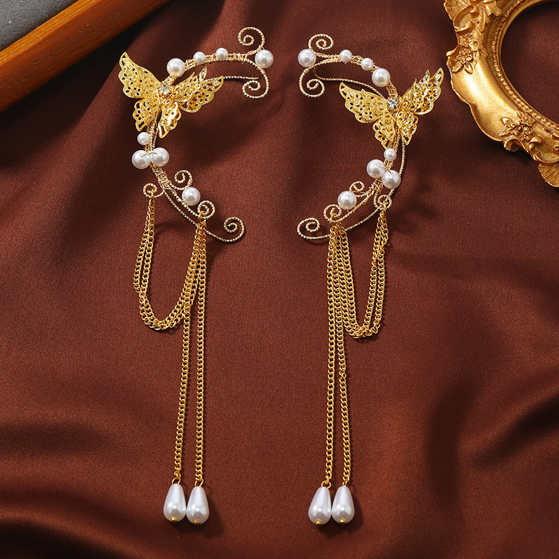 Non-Pierced Ear Clips European and American Cross-Border Earrings Foreign Trade Butterfly Long Tassel Fairy Ear Clips Handmade Cuff Earrings New