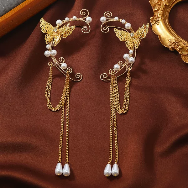 Non-Pierced Ear Clips European and American Cross-Border Earrings Foreign Trade Butterfly Long Tassel Fairy Ear Clips Handmade Cuff Earrings New