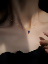 S925純銀鍍14k金法式水滴藍寶石項鏈 玫瑰金鎖骨鏈女精致百搭顯白