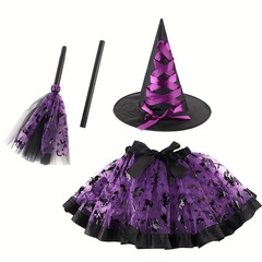 クロスボーダーハロウィンカボチャスカートスーツ魔女ほうき魔女帽子セットヨーロッパとアメリカのプリントメッシュチュチュスカートスーツ