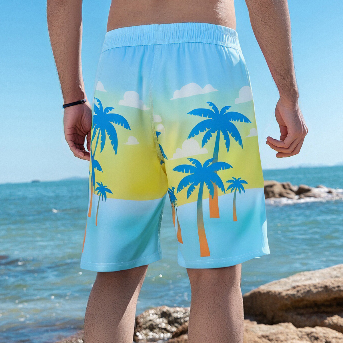 Pantalones de playa de hombre transfronterizos impresión de color gradiente tela elástica doble capa anti-avergonzamiento natación rápida secado deportivo pantalones cortos casuales