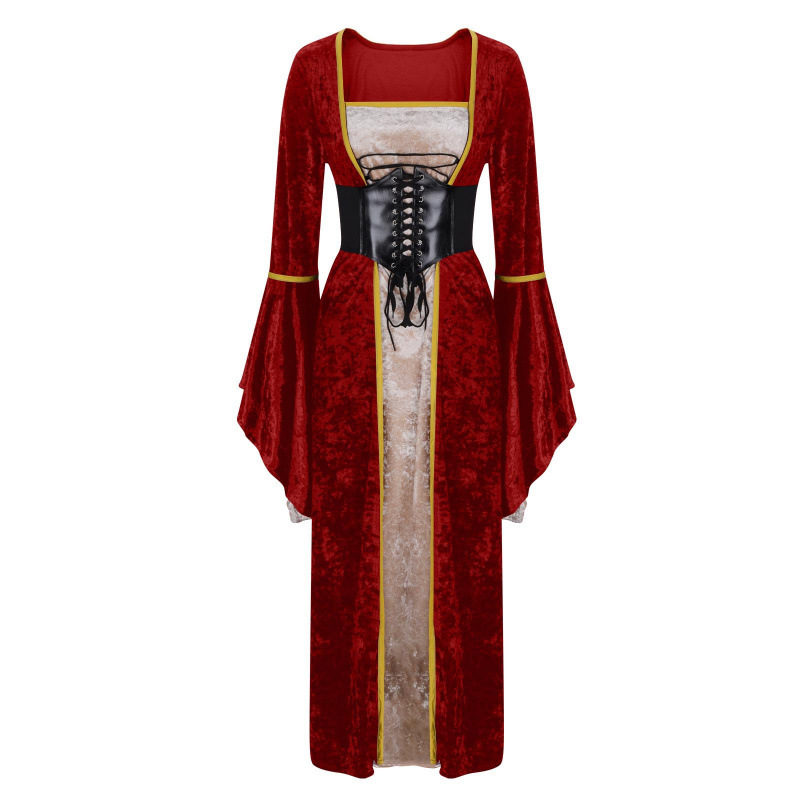 2025Wish Aliexpress Style Gold Velvet Bell Sleeve Retro Medieval European Palace Long Floor-Length Women's Skirt