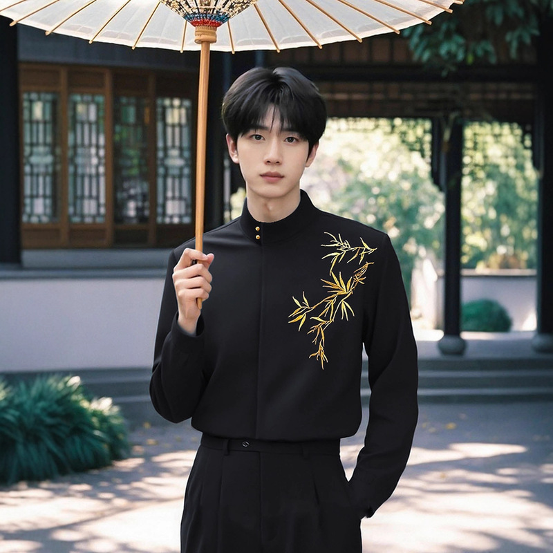 New Chinese Style Stand-Up Collar Gold Bamboo Embroidered Shirt Men's Engagement Clothes Light National Style Wedding Certificate Suit Inner Shirt