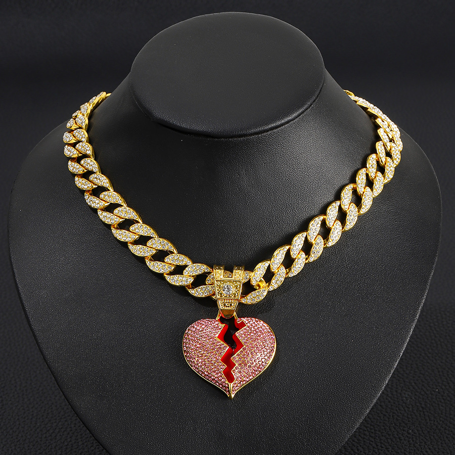 Diamond Broken Heart Necklace With Pink Crystals For Unisex_voghion.com